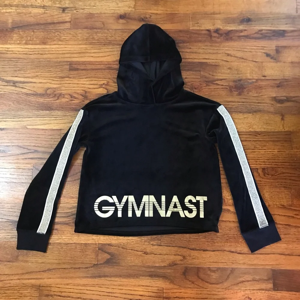 Girls Justice Active Gymnast Hooded Hoodie Blouse Top Black w/ Gold Graphics 10